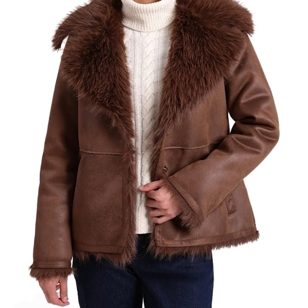 Cozy Brown Teddy Jacket with Faux Fur Trim